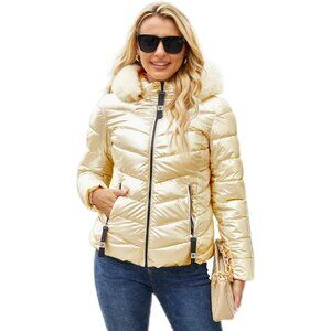 Women Champagne 100% Polyester Shinny Zip-up Winter Warm Quilted Puffer Jacket
